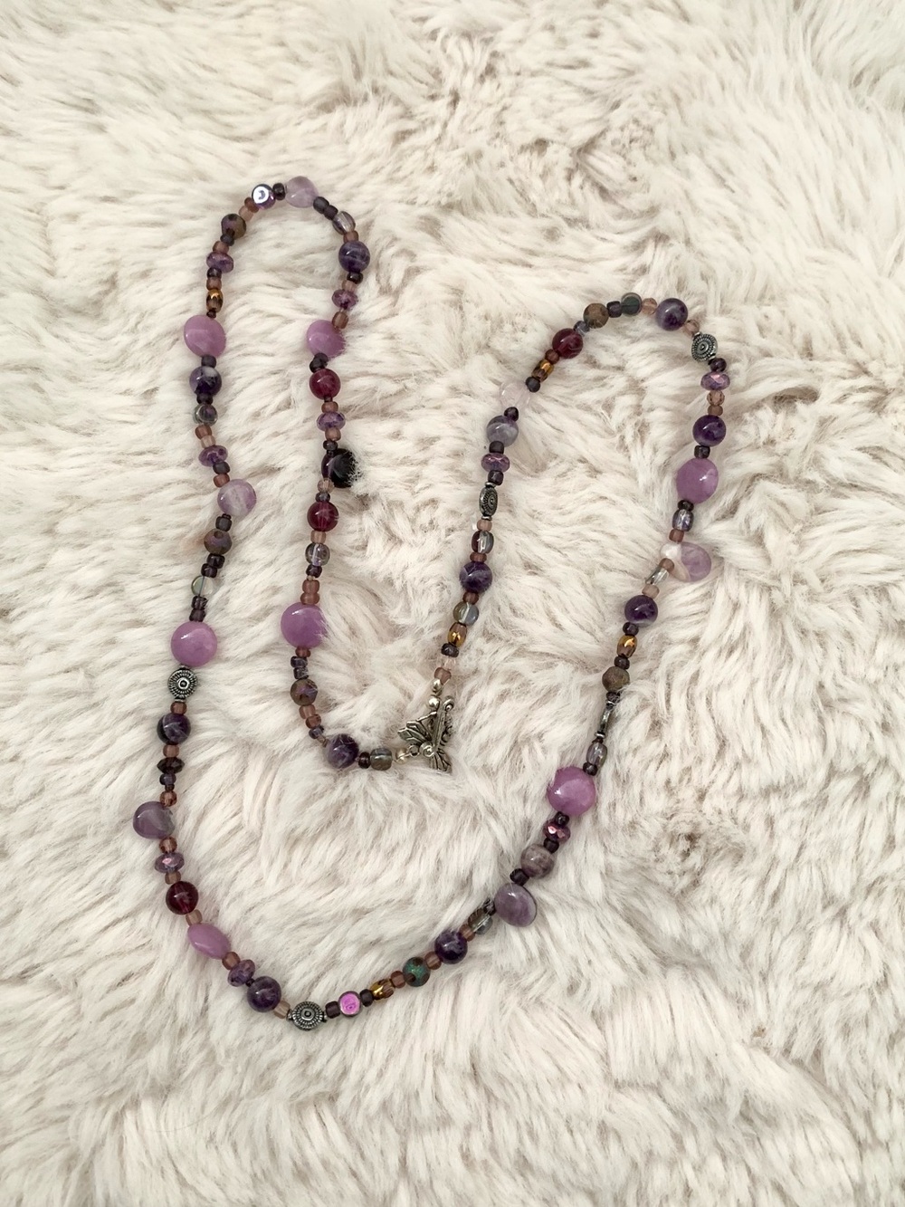 Vintage Purple Stone Beaded Dragonfly Long Single Strand Necklace